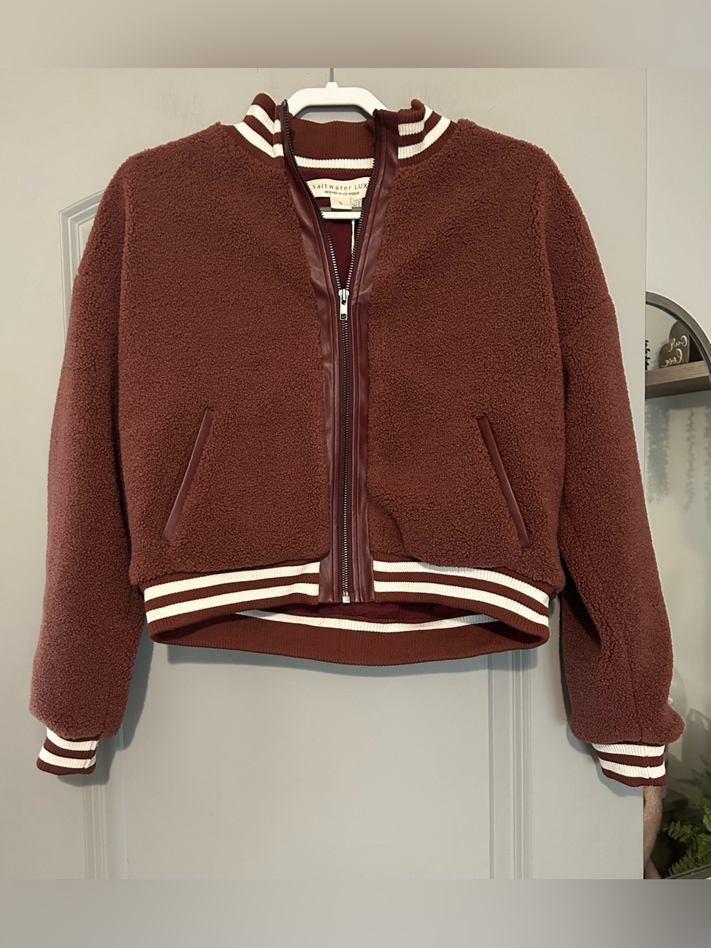Saltwater Luxe Teddy Sherpa Varsity Bomber Jacket Brown Rust Stripe Trim NWT S - Picture 4 of 5